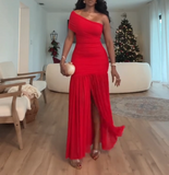 Niulatu One Shoulder Sheath Chiffon Long Prom Dresses New Year's Eve Dress, Red Formal Evening Dresses HZ1026