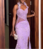 Niulatu Halter Mermaid Beaded Satin Long Prom Dresses with Slits, Lilac Formal Evening Dresses HZ1026