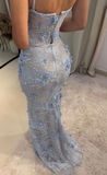 Niulatu Spaghetti Strap Sheath Lace Applique Long Prom Dresses, Blue Formal Evening Dresses HZ1026