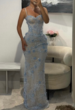 Niulatu Spaghetti Strap Sheath Lace Applique Long Prom Dresses, Blue Formal Evening Dresses HZ1026