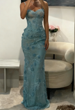 Niulatu Spaghetti Strap Sheath Lace Applique Long Prom Dresses, Blue Formal Evening Dresses HZ1026