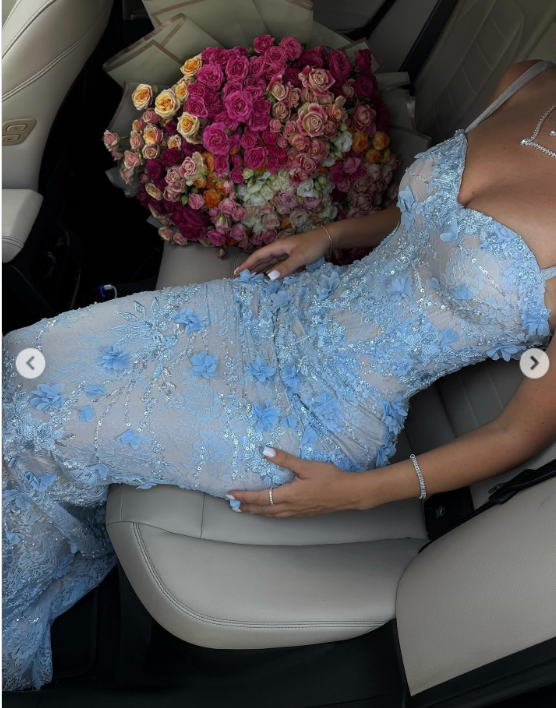 Niulatu Spaghetti Strap Sheath Lace Applique Long Prom Dresses, Blue Formal Evening Dresses HZ1026