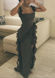 Niulatu Strap Sheath Chiffon Ruffle Long Prom Dresses, Black Formal Evening Dresses HZ1026