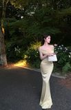 Niulatu Off Shoulder Mermaid Satin Long Prom Dresses, Yellow Formal Evening Dresses HZ1026