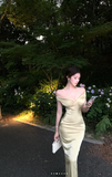 Niulatu Off Shoulder Mermaid Satin Long Prom Dresses, Yellow Formal Evening Dresses HZ1026