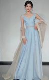 Niulatu V-neck A-Line Satin Long Prom Dresses, Blue Formal Evening Dresses HZ1026