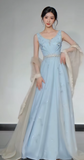 Niulatu V-neck A-Line Satin Long Prom Dresses, Blue Formal Evening Dresses HZ1026