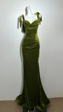 Niulatu Spaghetti Strap Mermaid Velvet Long Prom Dresses, Green Formal Evening Dresses HZ1026