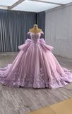 Niulatu Off-the-shoulder Ball Gown Tulle Applique Long Prom Dresses Purple Sweet 16 Dress Quinceanera Dresses HZ1026