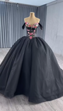 Niulatu Off-the-shoulder Ball Gown Satin Long Prom Dresses Black Sweet 16 Dress Quinceanera Dresses HZ1026
