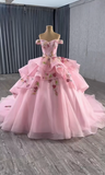 Niulatu Off-the-shoulder Ball Gown Tulle Applique Long Prom Dresses Pink Sweet 16 Dress Quinceanera Dresses HZ1026
