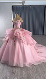 Niulatu Off-the-shoulder Ball Gown Tulle Applique Long Prom Dresses Pink Sweet 16 Dress Quinceanera Dresses HZ1026