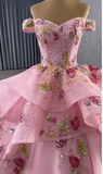 Niulatu Off-the-shoulder Ball Gown Tulle Applique Long Prom Dresses Pink Sweet 16 Dress Quinceanera Dresses HZ1026
