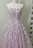 Niulatu Strapless A-Line Lace Applique Long Prom Dresses Pink Sweet 16 Dress Beaded Quinceanera Dresses HZ1026
