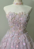 Niulatu Strapless A-Line Lace Applique Long Prom Dresses Pink Sweet 16 Dress Beaded Quinceanera Dresses HZ1026
