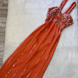 Niulatu Spaghetti Straps Sheath Beaded Chiffon Prom Dresses, Orange Formal Evening Dresses HZ1026