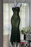 Niulatu Halter Mermaid Long Prom Dresses Chiffon Beaded Dark Green Long Formal Dresses HZ1026