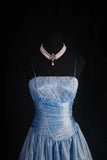 Niulatu Spaghetti Strap A-Line Long Prom Dresses Lace Satin Gray Blue Formal Dresses HZ1026
