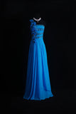 Niulatu One Shoulder Sheath Long Prom Dresses Chiffon Blue Formal Dresses Beaded Wedding Guest Dresses HZ1026