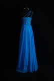 Niulatu One Shoulder Sheath Long Prom Dresses Chiffon Blue Formal Dresses Beaded Wedding Guest Dresses HZ1026