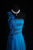 Niulatu One Shoulder Sheath Long Prom Dresses Chiffon Blue Formal Dresses Beaded Wedding Guest Dresses HZ1026