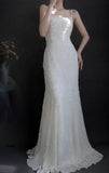 Niulatu Spaghetti Strap Sheath Long Prom Dresses Chiffon Beaded White Evening Dresses HZ1026