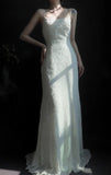 Niulatu Spaghetti Strap Sheath Long Prom Dresses Chiffon Beaded White Evening Dresses HZ1026