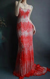 Niulatu Spaghetti Strap Mermaid Long Prom Dresses Chiffon Beaded Red Evening Dresses HZ1026