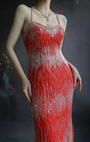 Niulatu Spaghetti Strap Mermaid Long Prom Dresses Chiffon Beaded Red Evening Dresses HZ1026