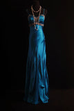 Niulatu Spaghetti Strap Sheath Long Prom Dresses Satin Blue Evening Dresses HZ1026