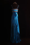 Niulatu Spaghetti Strap Sheath Long Prom Dresses Satin Blue Evening Dresses HZ1026
