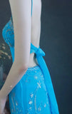 Niulatu Spaghetti Strap Sheath Long Prom Dresses Beaded Chiffon Blue Evening Dresses HZ1026