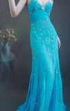 Niulatu Spaghetti Strap Sheath Long Prom Dresses Beaded Chiffon Blue Evening Dresses HZ1026