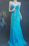 Niulatu Spaghetti Strap Sheath Long Prom Dresses Beaded Chiffon Blue Evening Dresses HZ1026