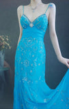 Niulatu Spaghetti Strap Sheath Long Prom Dresses Beaded Chiffon Blue Evening Dresses HZ1026