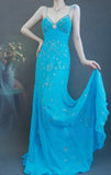 Niulatu Spaghetti Strap Sheath Long Prom Dresses Beaded Chiffon Blue Evening Dresses HZ1026