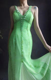 Niulatu V neck Sheath Long Prom Dresses Beaded Chiffon Green Evening Dresses HZ1026