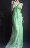 Niulatu V neck Sheath Long Prom Dresses Beaded Chiffon Green Evening Dresses HZ1026