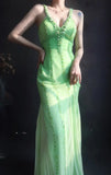 Niulatu V neck Sheath Long Prom Dresses Beaded Chiffon Green Evening Dresses HZ1026