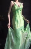Niulatu V neck Sheath Long Prom Dresses Beaded Chiffon Green Evening Dresses HZ1026