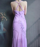 Niulatu Spaghetti Strap Mermaid Long Prom Dresses Beaded Chiffon Lavender Long Evening Dresses HZ1026