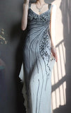 Niulatu V Neck Sheath Long Prom Dresses Beaded Chiffon Evening Dresses HZ1026