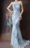 Niulatu Strapless Mermaid Long Prom Dresses Beaded Chiffon Light Gray Blue Evening Dresses HZ1026