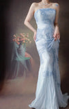 Niulatu Strapless Mermaid Long Prom Dresses Beaded Chiffon Light Gray Blue Evening Dresses HZ1026