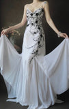Niulatu Spaghetti Strap A-Line Long Prom Dresses Chiffon Applique White Open Back Evening Dresses HZ1026