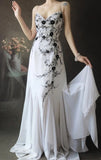 Niulatu Spaghetti Strap A-Line Long Prom Dresses Chiffon Applique White Open Back Evening Dresses HZ1026