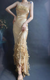 Niulatu Spaghetti Strap Bodycon Long Prom Dresses Taffeta Gold Evening Dresses HZ1026