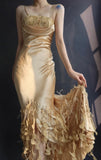 Niulatu Spaghetti Strap Bodycon Long Prom Dresses Taffeta Gold Evening Dresses HZ1026
