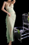 Niulatu Spaghetti Strap Sheath Long Prom Dresses Chiffon Green Wedding Guest Dresses HZ1026