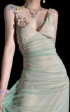 Niulatu Spaghetti Strap Sheath Long Prom Dresses Chiffon Green Wedding Guest Dresses HZ1026